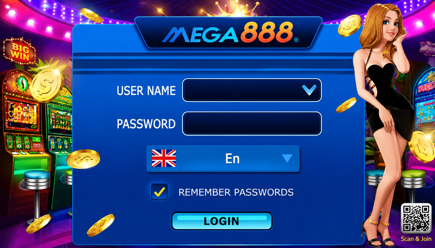 Skrin log masuk aplikasi Mega888 selepas pemasangan pada Android dan iPhone